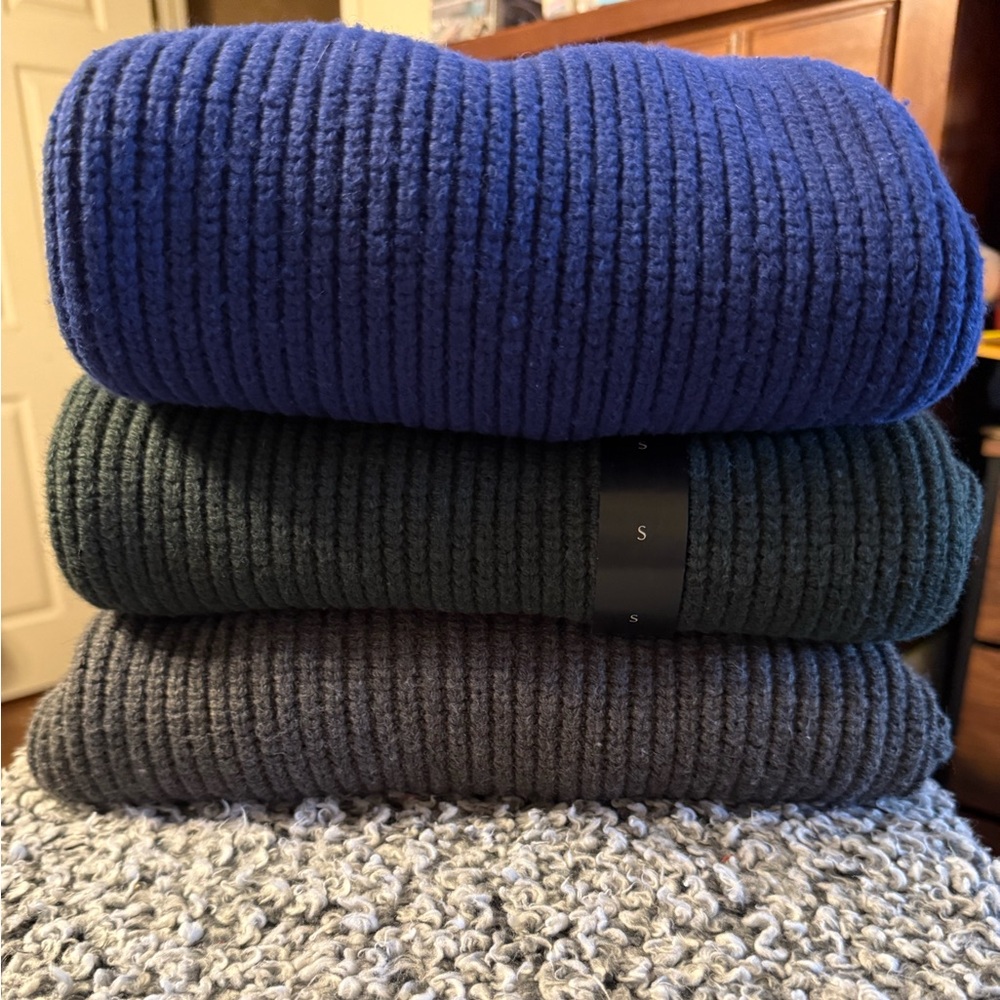 Three cozy Banana Republic turtleneck sweaters, one new, two gently used.